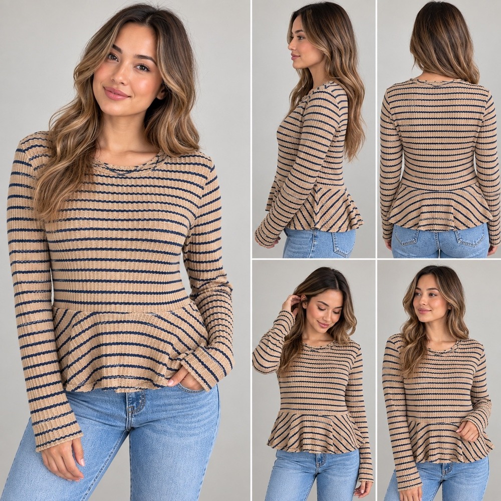 Free People We The Free Women's Medium Striped Thermal Peplum Top Tan Blue
